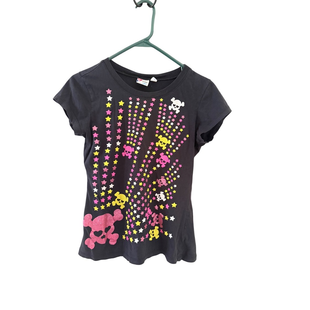 Piper & Blue Kids Y2k Scene Emo Navy Blue Glitter Skull Star  Shirt Large